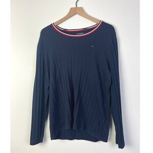 Tommy Hilfiger Preppy Navy Blue‎ Cable Knit Sweater Striped Collar Pullover XXL